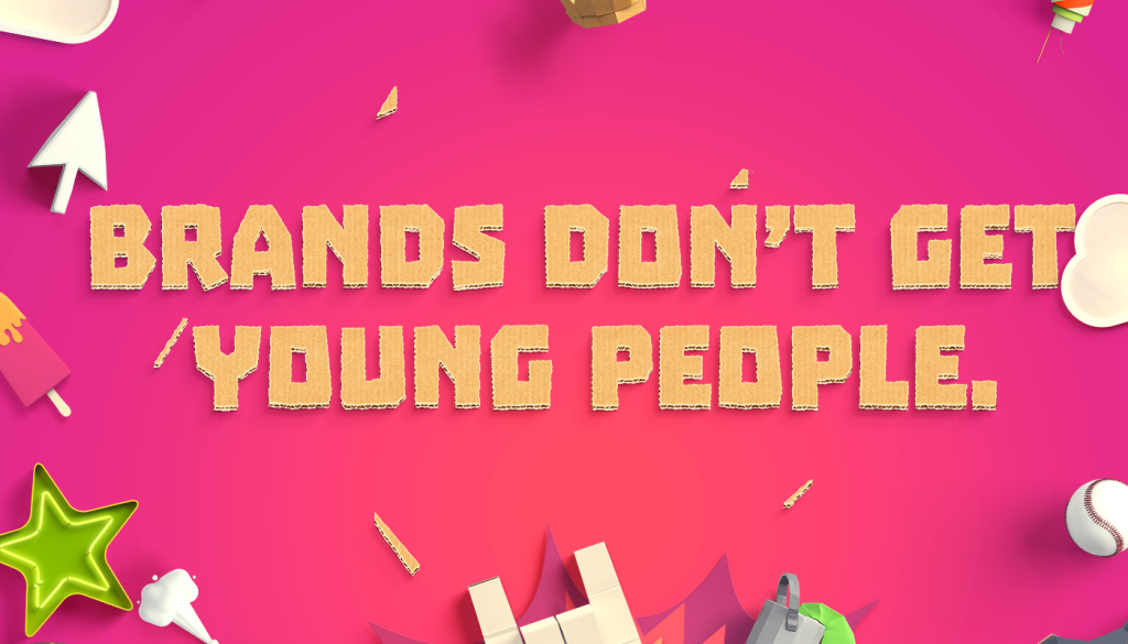 Brands don't understand young people. Playful objects on vibrant pink background. Creative and engaging design.