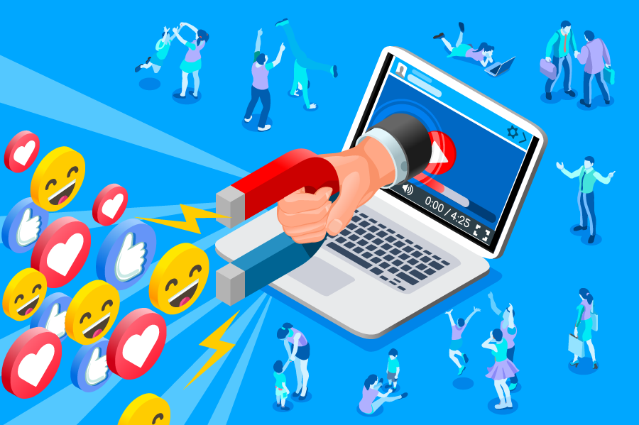 Digital marketing illustration with magnet attracting social media icons from a laptop in Dublin setting.