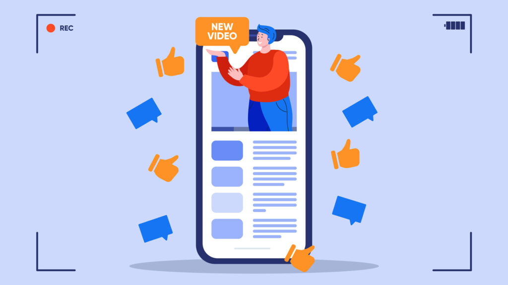 Person creating new video content on mobile; thumbs up and comments around. Digital marketing concept in Dublin.