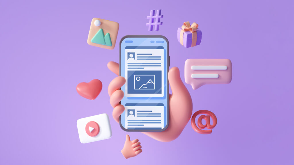 Smartphone in hand with social media icons on a purple background, digital marketing concept.