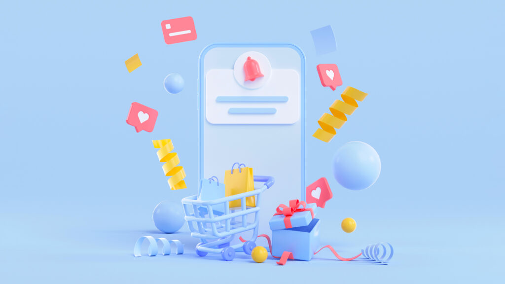 Mobile shopping concept with social media icons, gift box and shopping cart on blue background. Digital marketing theme.