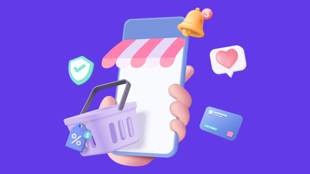 Mobile shopping with icons for security, love, and notifications for a Dublin digital marketing agency.