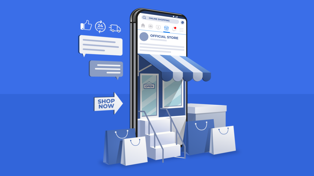 Online shopping concept with mobile storefront and shopping bags, showcasing eCommerce solutions.