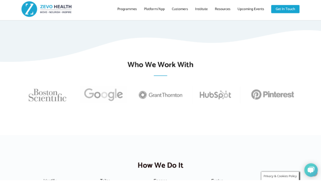 Example of the Zevo Health homepage showing authority by highlighting that they have worked with HubSpot, Grant Thornton, Google and Boston Scientific