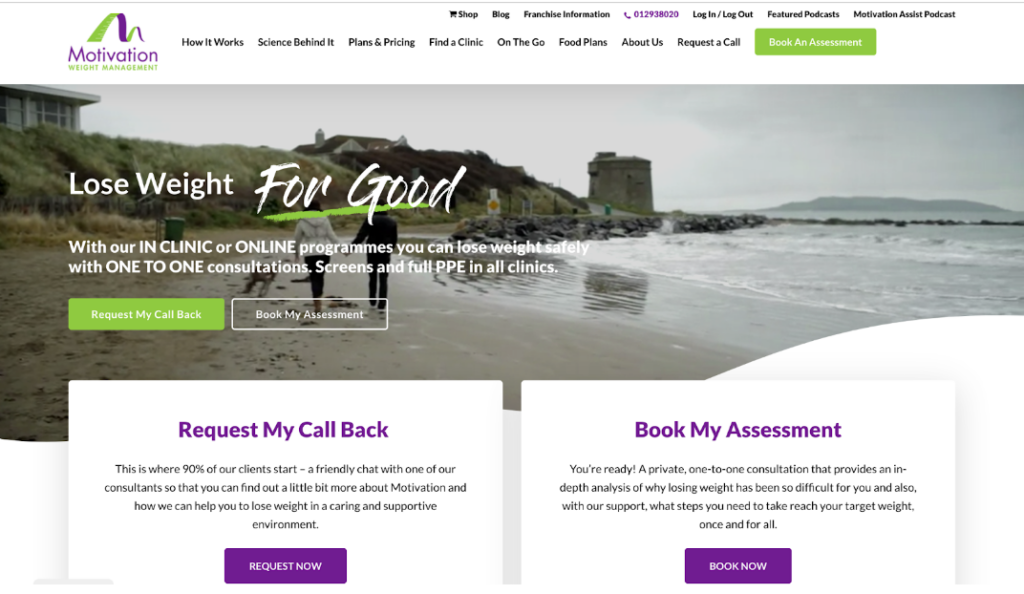 Example of Motivation Weight Management's homepage using Call to Actions