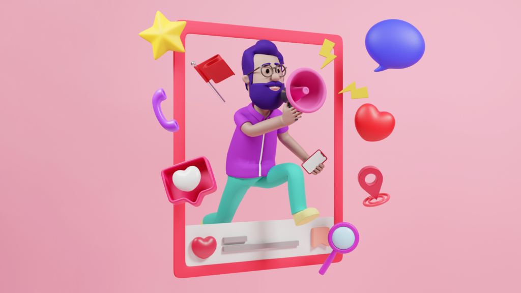 Illustrated character with digital icons representing online marketing by a Dublin agency.