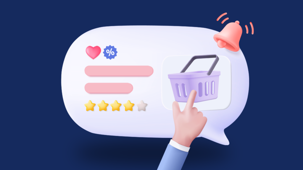 Illustration of a digital shopping basket with a hand pointing, featuring a heart, percentage and star ratings.