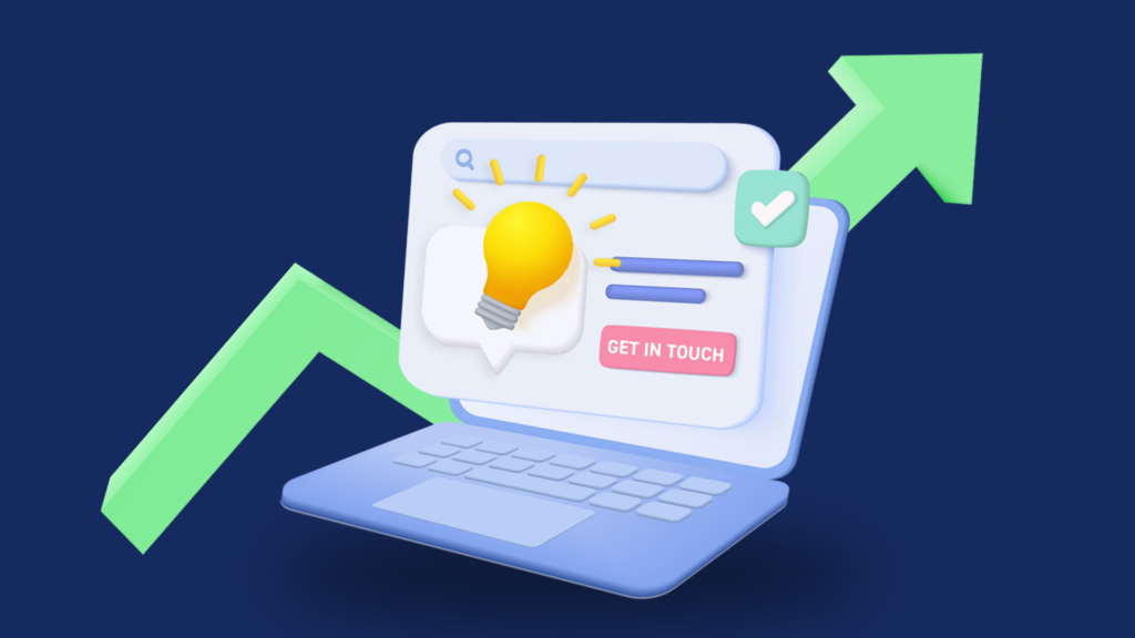 Digital marketing concept with laptop; light bulb icon and upward arrow indicating growth and innovation.
