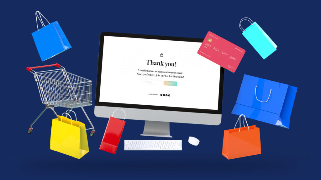 E-commerce checkout page with shopping bags and a credit card, showcasing digital marketing services in Dublin.