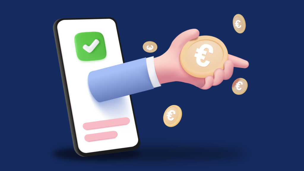 Mobile payment illustration, hand with euro coins emerging from smartphone. Concept of digital transactions in Dublin.