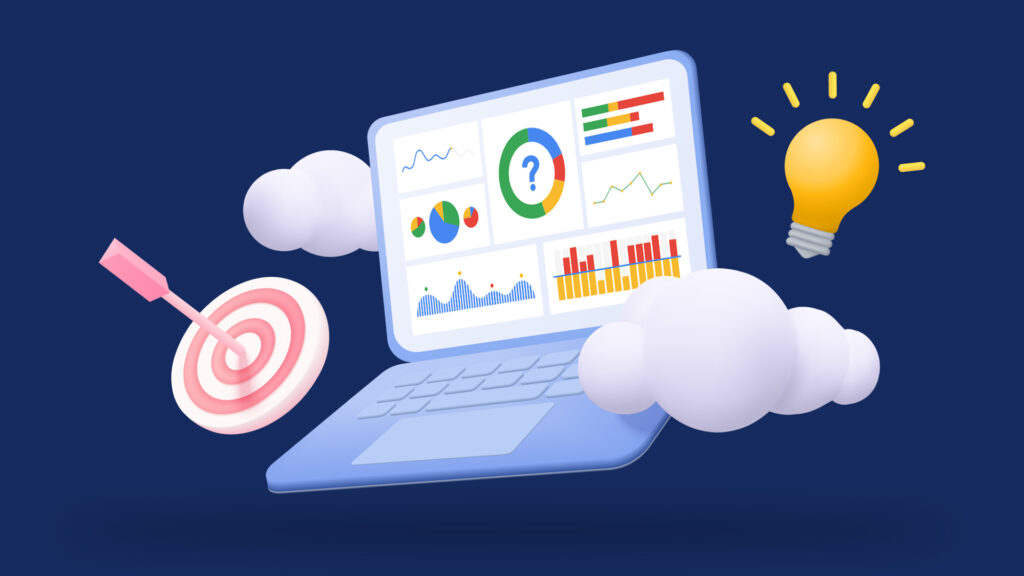Digital marketing tools with charts and a target on a laptop. Creative ideas symbolised by a light bulb and clouds.