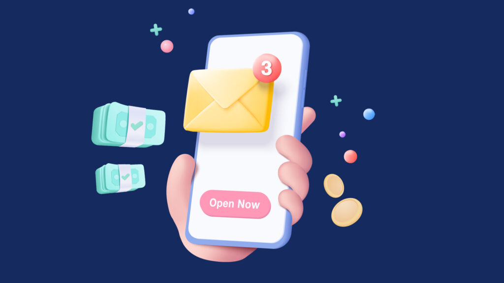 3D image of hand holding phone with email alert and money symbols. Represents digital communication and marketing.