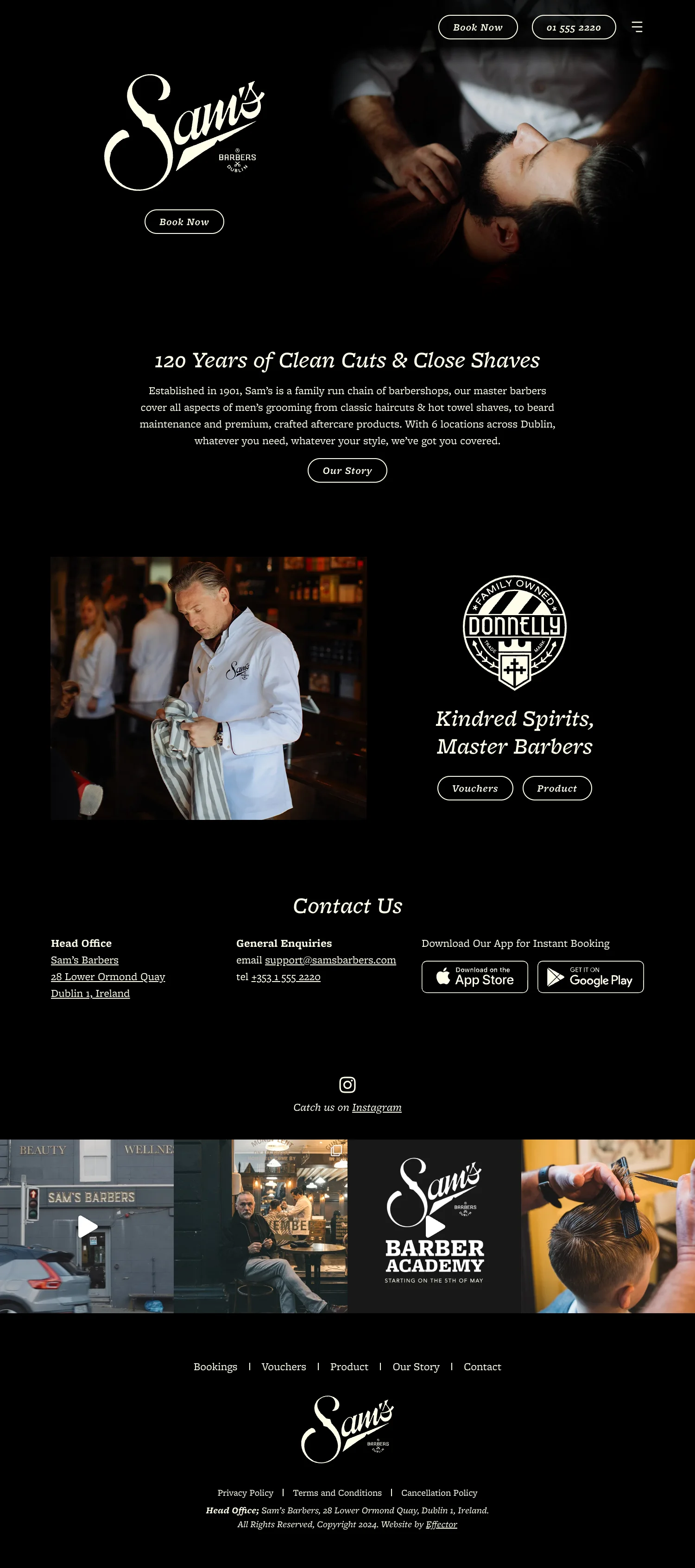 Webpage of Sam's Barbers in Dublin showcasing master barbers and grooming services.