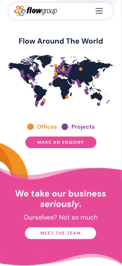 Map showing Flowgroup's global offices and projects with enquiry button. Web design and marketing in Dublin.