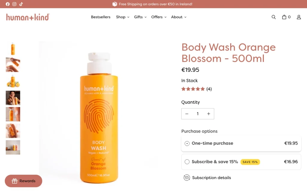 Orange Blossom body wash by Human+Kind in orange bottle, 500ml, priced €19.95, vegan and natural skincare