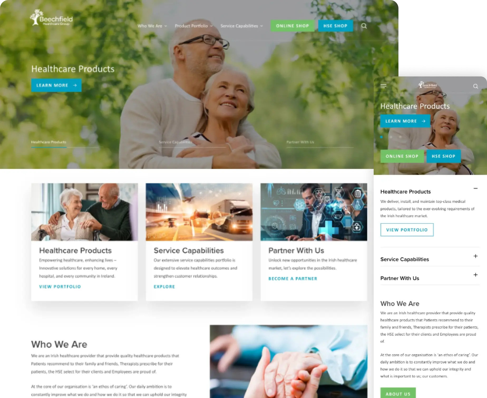 Website homepage for healthcare products and services in Ireland. Digital marketing and development agency in Dublin.