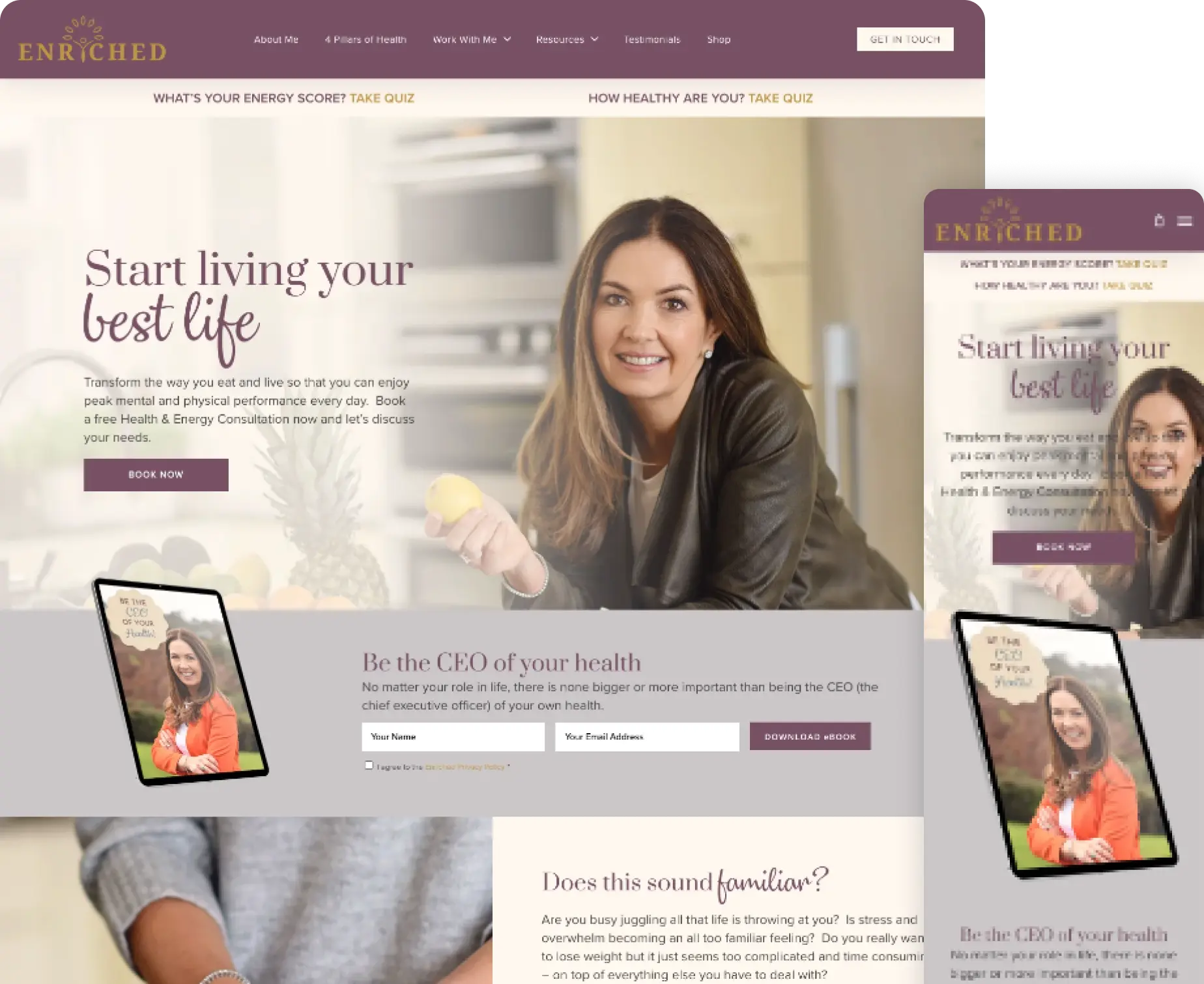 Health and energy consultation service website showcasing female consultant with vibrant design.