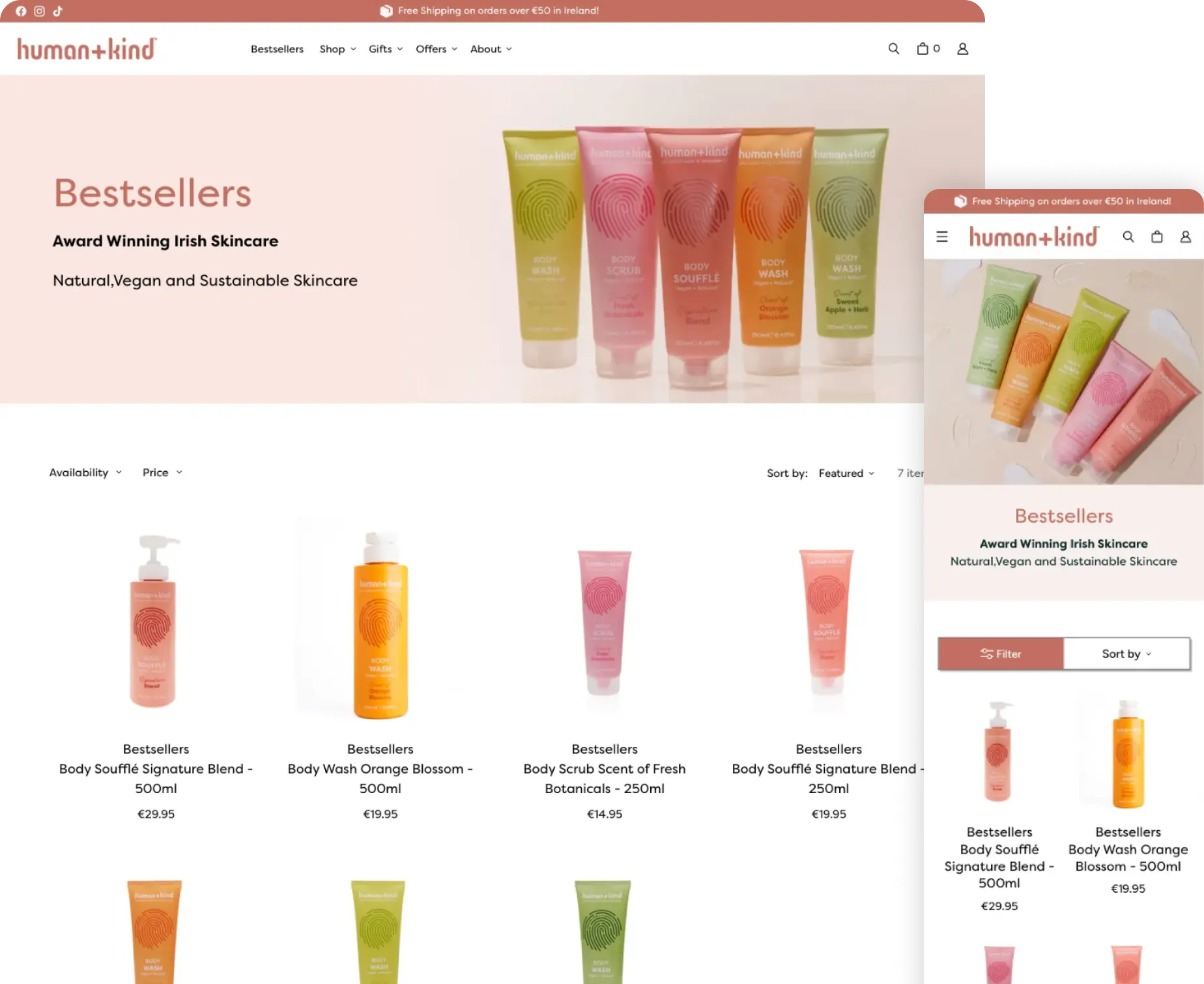 Website design showing Human+Kind’s bestsellers in Irish skincare. Award-winning natural and vegan products.