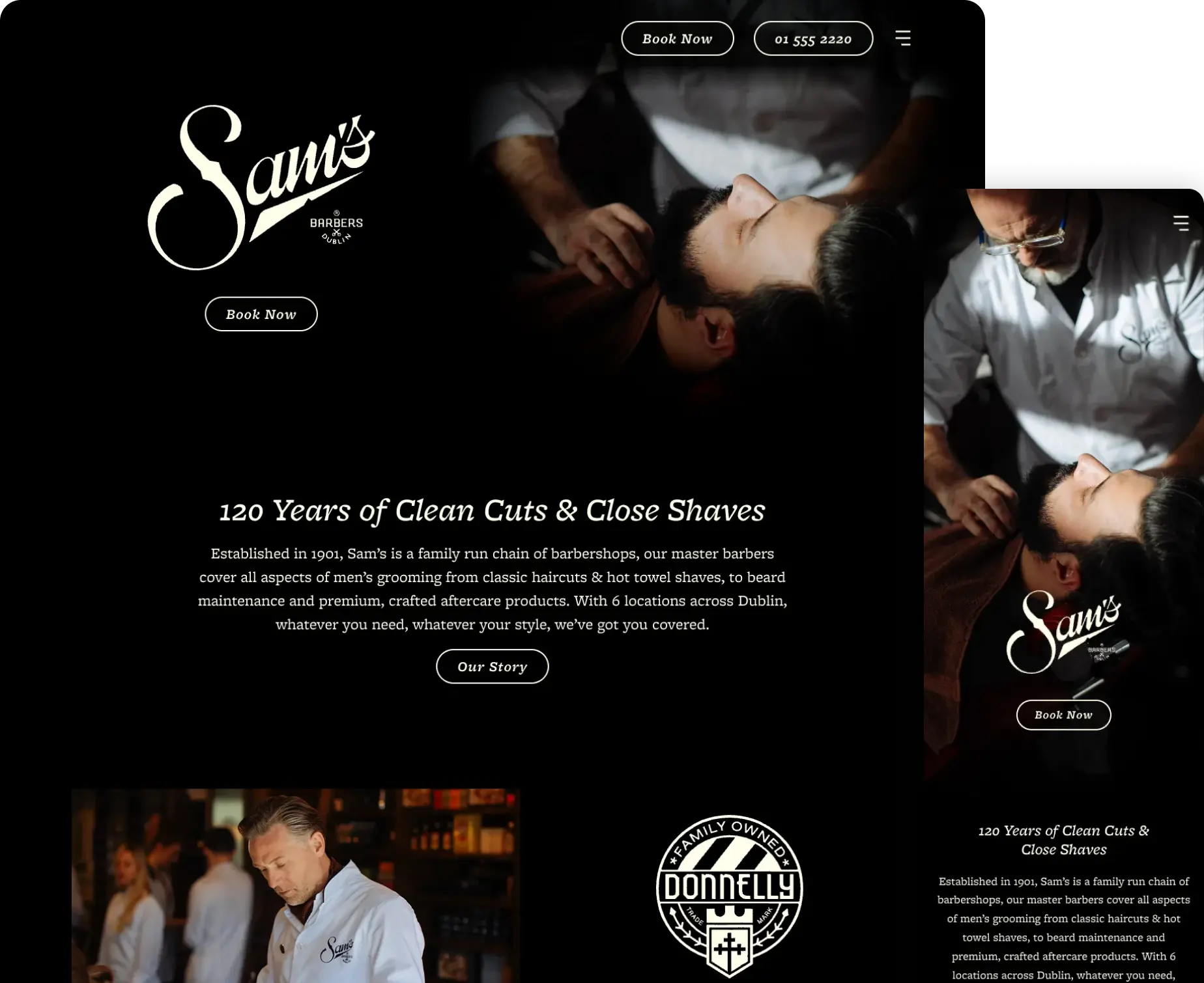 Website for Dublin barbershop chain Sam's, offering classic haircuts and grooming services. Book now for a fresh look.
