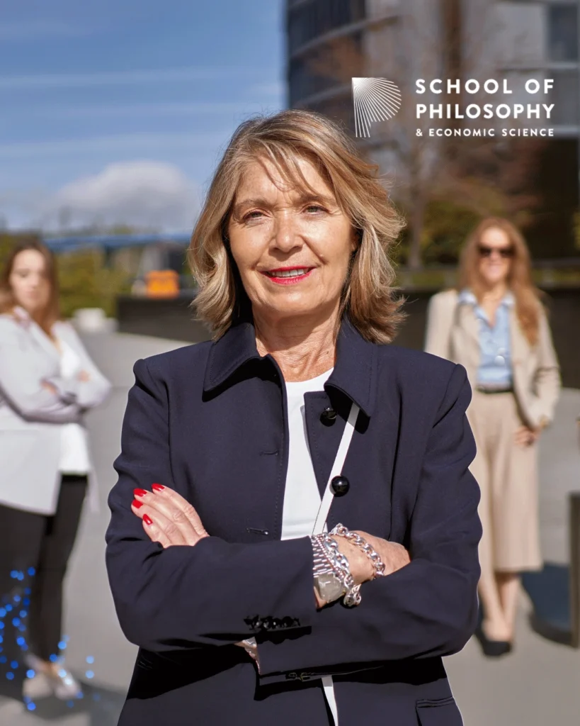 Businesswoman outside School of Philosophy Dublin, representing leadership in digital marketing and design.