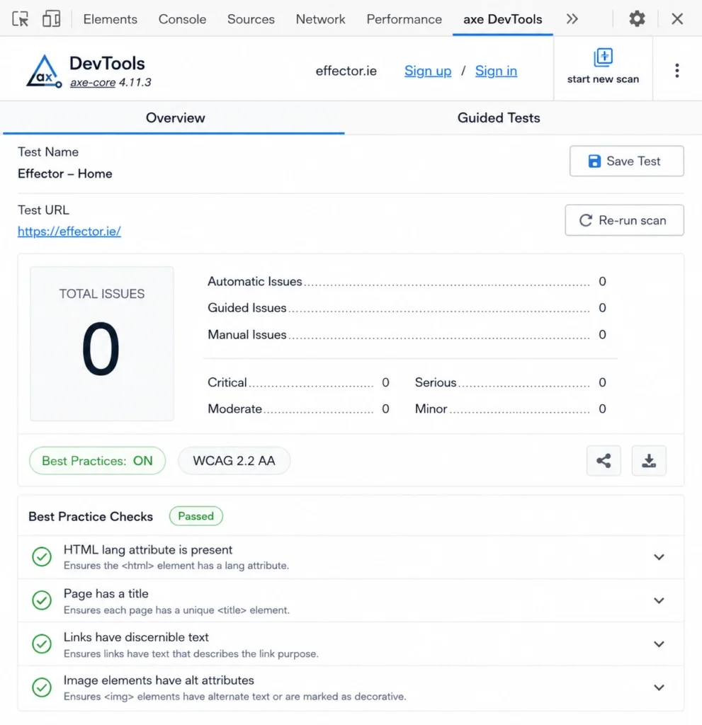 Website accessibility test results showing zero issues for effector.ie, a Dublin agency.
